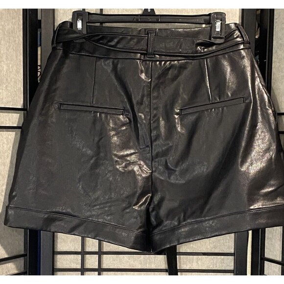 Express Women's Black High Waisted Faux Leather Belted Paperbag Shorts Size 12 - Picture 2 of 9